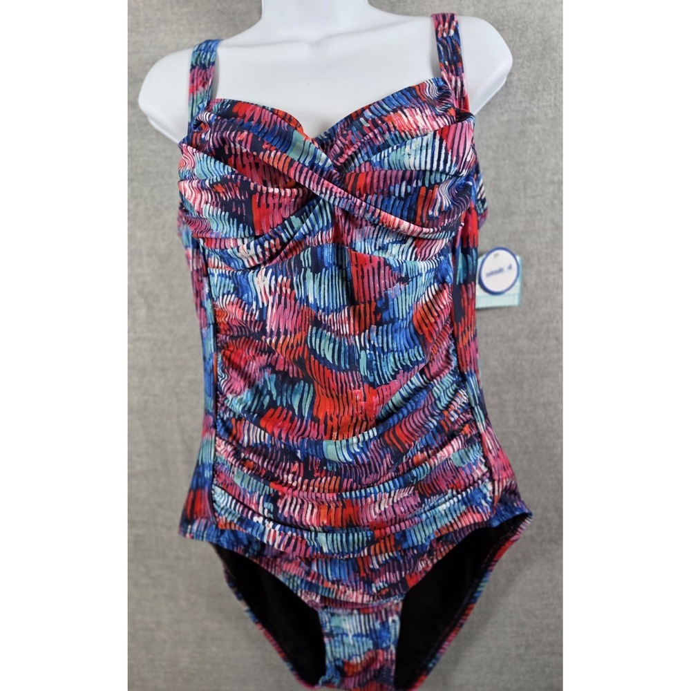 Shore Club Swimsuits for All One Piece Size 18 Ruching Bandeau Blue‎ Red Geo NEW